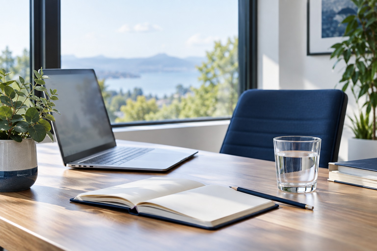 Illustrative workspace with a laptop and research notebook